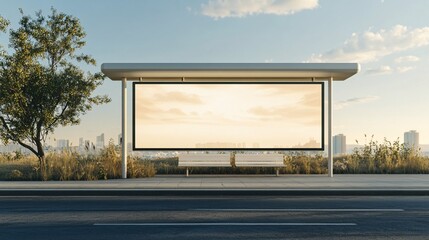 Obraz premium Modern bus stop with a blank advertising panel in an urban setting during sunset.