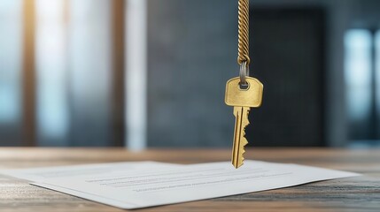 A close-up of a golden key hanging above a document on a wooden table, symbolizing security and access.