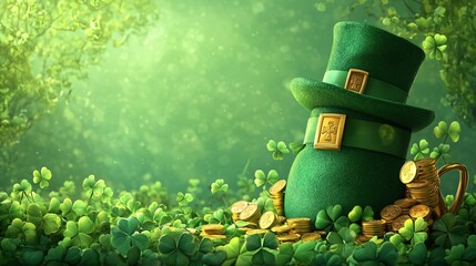 A vibrant green leprechaun hat surrounded by golden coins and clovers, capturing the spirit of St. Patrick's Day.