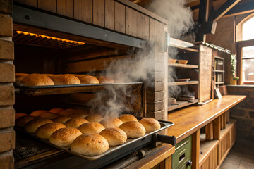 A warm bakery scene featuring freshly baked bread puffing steam from a traditional oven, surrounded by rustic wooden decor.