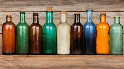 Colorful Antique Glass Bottles on Wooden Shelf