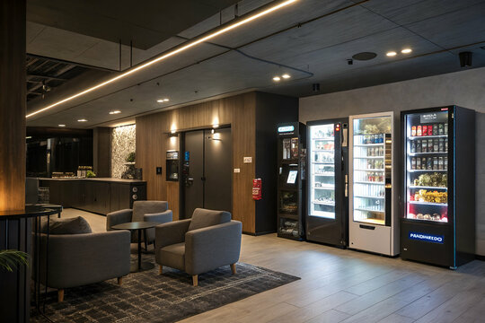 A modern lounge area featuring seating, vending machines, and a well-lit ambiance, perfect for relaxation or a quick refreshment.