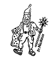A black and white hand-drawn illustration of St. Nicholas holding a gift bag and festive stick, symbolizing Christmas and Ukrainian holiday traditions.