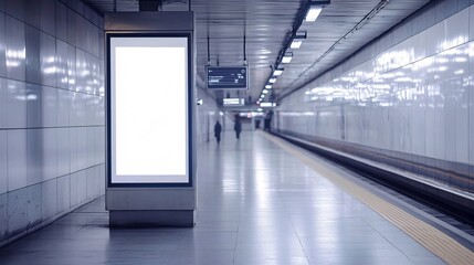 Fototapeta premium A spacious subway station with a large blank advertisement panel, evoking a sense of tranquility and modernity.
