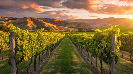Fototapeta premium Vineyard Rows. Grapevine Rows in New Zealand Field at Sunset