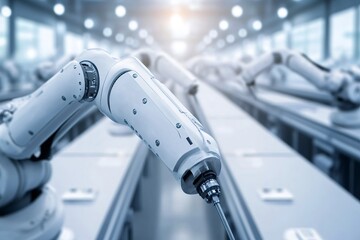 Multiple robotic arms are performing repetitive tasks on an assembly line in a modern, high-tech factory, highlighting the advancements in automation and industrial manufacturing