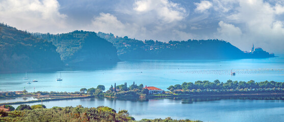 Strunjan bay with the village of Piran in the distant background, Slovene Riviera, Slovenia