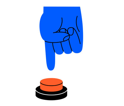 Hand drawn cute cartoon illustration hand pressing emergency warning red button. Danger alarm pressbutton. Flat vector problem caution sign doodle. Stop signal. Launch or start. Isolated.