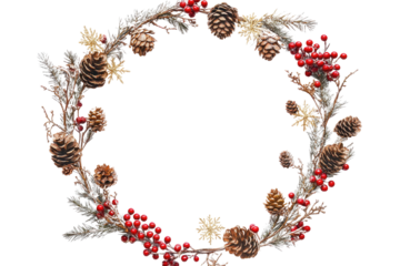 Festive Christmas wreath. Round frame made of conifer branches decorated with cones, artificial red berries and decorative gold snowflakes. Wreath isolated PNG