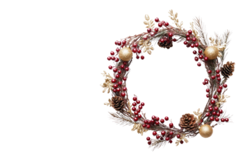 Festive Christmas wreath. Round frame made of conifer branches decorated with cones, artificial red berries and decorative gold snowflakes. Wreath isolated PNG