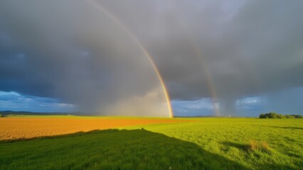 Naklejka premium A stormy sky giving way to a bright, sunny afternoon, casting warm light on the drenched earth and creating vibrant rainbows