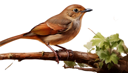Brown Bird Perched on a Branch with Leaves  Nature and Wildlife Illustration