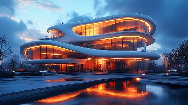 Futuristic home nestled by a lake with mountain backdrops image