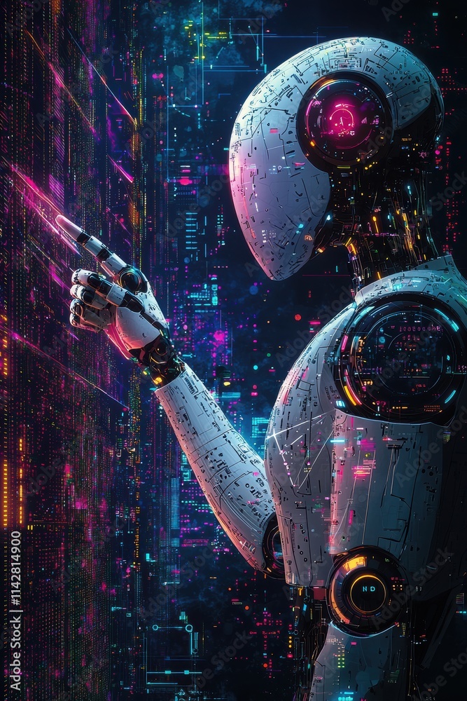 Poster ai robot hand interacting with digital data in a futuristic setting