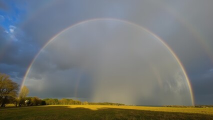 A stormy sky giving way to a bright, sunny afternoon, casting warm light on the drenched earth and creating vibrant rainbows