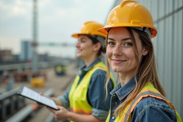 Women in hard hats with vests smiling on a construction site with a clipboard