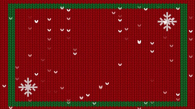 red christmas knit pattern with green frame and snowflakes animation ,knitted snowfall holiday new year social media motion background