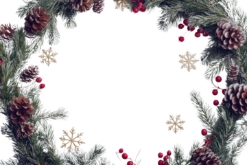 Festive Christmas wreath. Round frame made of conifer branches decorated with cones, artificial red berries and decorative gold snowflakes. Wreath isolated PNG