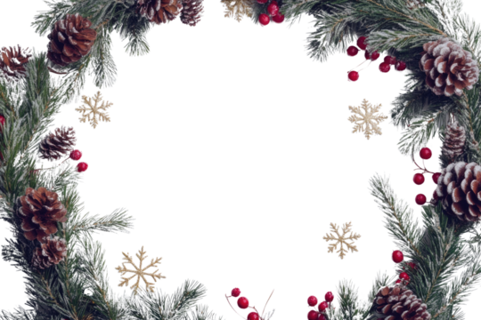Festive Christmas wreath. Round frame made of conifer branches decorated with cones, artificial red berries and decorative gold snowflakes. Wreath isolated PNG