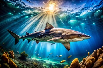 Naklejka premium Panoramic Big Dogfish: Ocean Depth, Shark, Marine Life, Underwater Photography, Wide Angle, Fish, Wildlife, Sea, Aquatic, Nature, Ocean, Seascape, Underwater World, Big Dogfish Photo