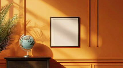 Mock-up frame standing on a commode in a bright orange home interior close up, featuring a small globe,