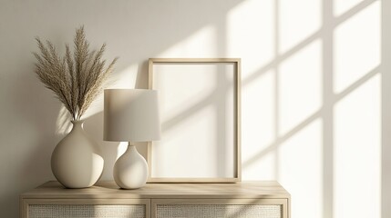 Obraz premium Mock-up frame standing on a commode in a bright white home interior close up, displaying a stylish lamp,