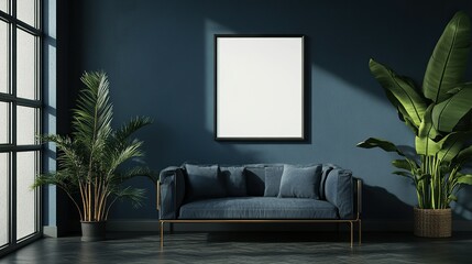 Mockup frame in a sleek interior, dark blue room with modern industrial furniture, featuring metal accents and an urban vibe,