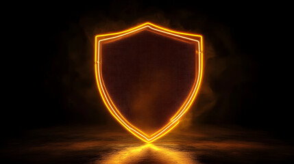 Orange and yellow neon light shield icon. Vibrant colored technology symbol, isolated on a black background. 3D Render