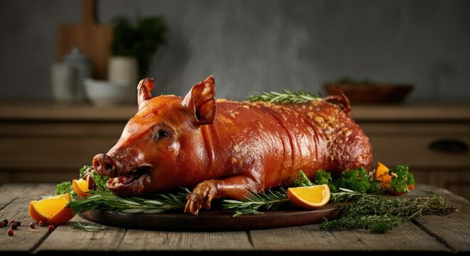Whole roasted pig on wooden platter, garnished with oranges and herbs