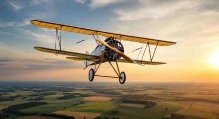 Vintage biplane flying over expansive countryside at sunset
