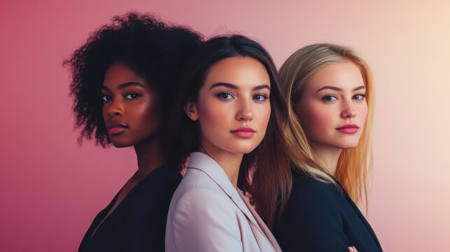 Three young females stand together and look at camera. African american, Latina, caucasian women portrait for International Womens Day and empowerment for ladies. Photo