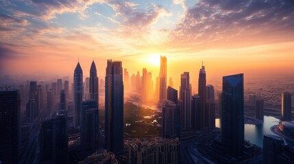 Fototapeta premium Golden Hour Metropolis: A breathtaking panorama of a modern city skyline bathed in the warm glow of sunrise, with towering skyscrapers casting long shadows against the vibrant sky.