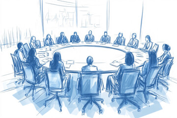 a blue sketch-style illustration of a round table meeting with participants engaged in discussion symbolizing teamwork and collaboration
