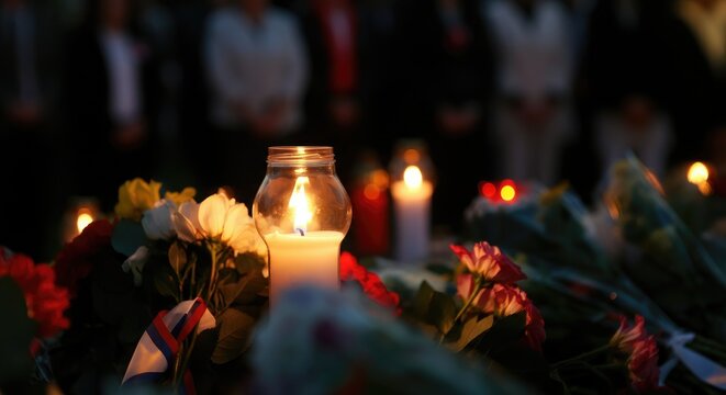 Lit candles, flowers at memorial with people in background