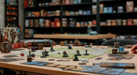 Tabletop game with miniatures, dice, cards, and strategy in hobby store setting