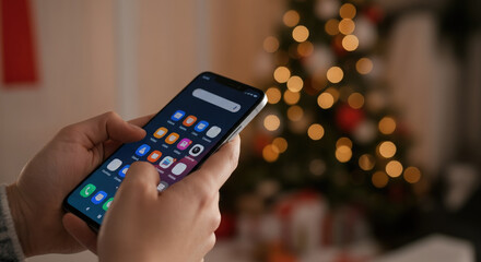 Person using smartphone with Christmas tree in background