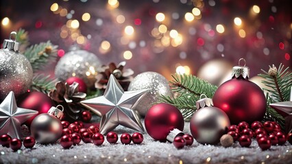 Panoramic Christmas Festive Decor: Silver Stars & Maroon Accents - Holiday Background