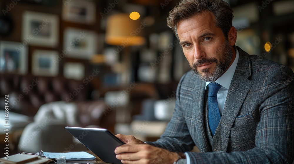Poster a business professional sitting at a desk with a tablet, ideal for use as a background or illustrati