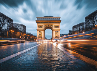 Obraz na płótnie Canvas Striking night view of Arc de Triomphe with light trails in Paris.