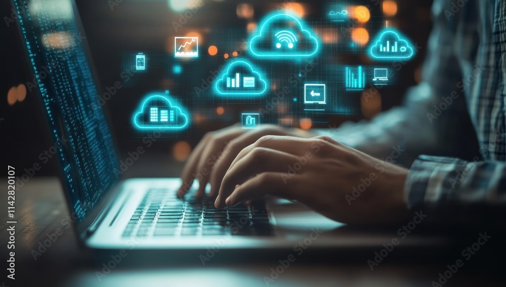 Poster a person typing on their laptop with cloud technology icons floating above, representing the connect