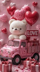 Valentine's day teddy bear in pink truck with heart balloons and gifts