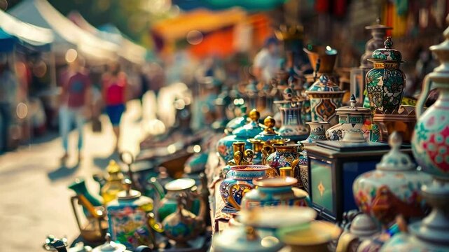 Soft focus on the eclectic mix of goods at an outdoor flea market.