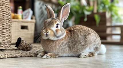Fototapeta premium Rabbit resting on light wooden floor with subtle decor