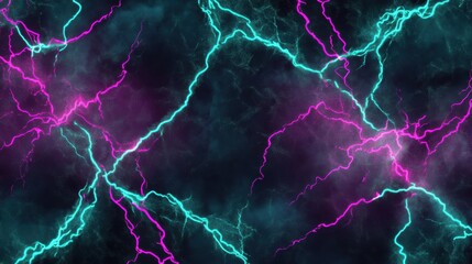 Dynamic neon pink, cyan, and electric purple lightning bolts crackle and pulse across a dark, textured background, resembling a high-energy storm of electricity and raw power.