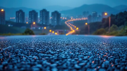 Obraz premium A serene evening road scene with distant city lights and mountains in the background.