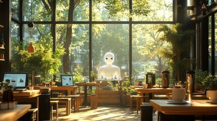Futuristic café with robot barista surrounded by lush indoor plants