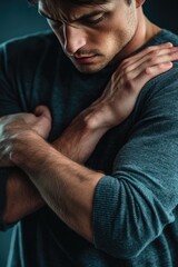 Obraz premium A man stands with his hands placed on his chest, conveying a sense of confidence and calmness