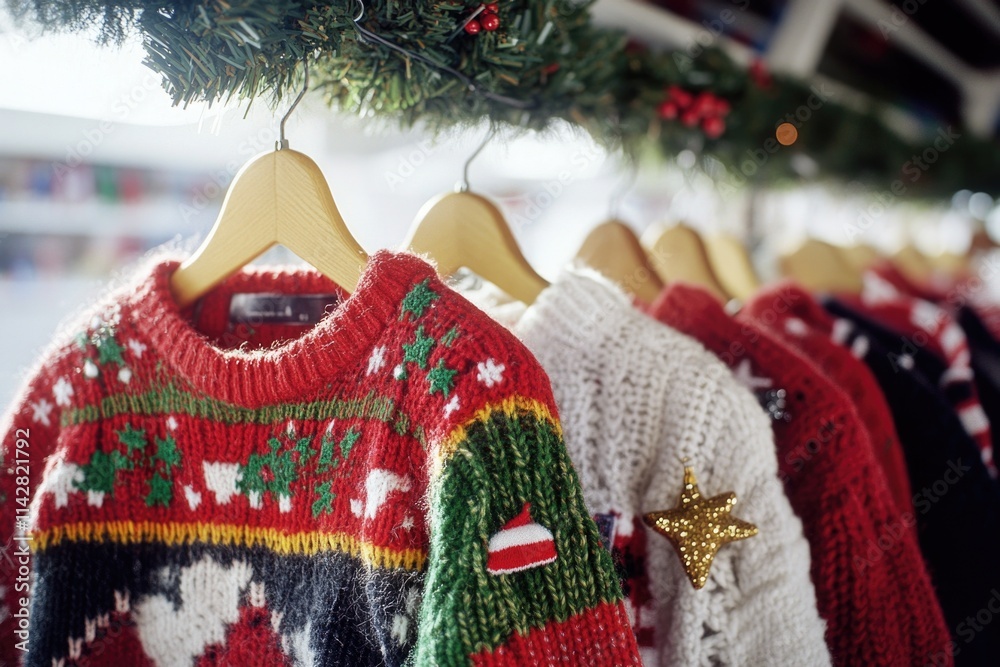 Poster a collection of sweaters displayed on a rack, ready for selection