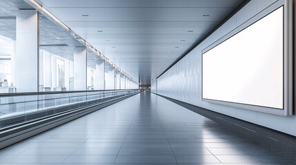 Obraz premium A modern, spacious airport terminal hallway with bright lighting and an empty advertising space.