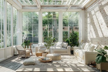 A modern sunroom with white brick walls and a glass ceiling